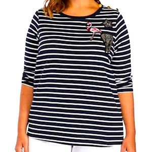 Crown & Ivy Curvy Blue & White Striped Embellished Top, Plus Size 3X